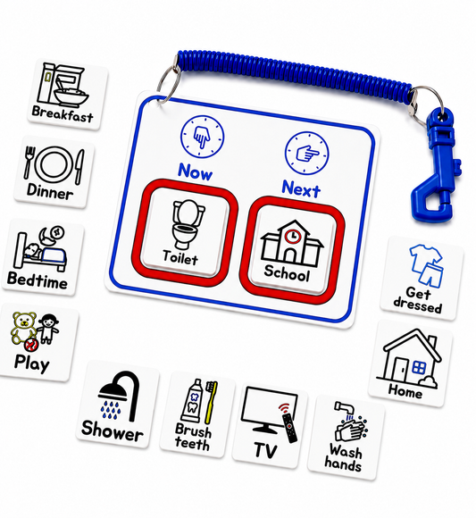 Now & Next Visual Schedule Board with Picture Cards and Keychain
